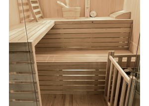 Sauna tradicional de vapor ST-4030, detalle de banco a doble altura