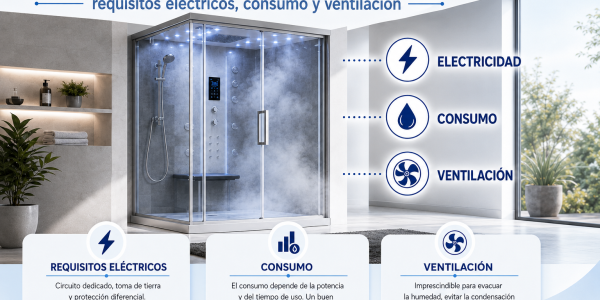Cabina de ducha con vapor: requisitos eléctricos, consumo y ventilación